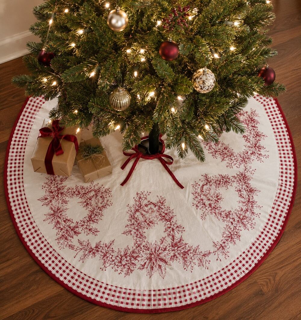 Christmas Tree Skirt Red Toile Gingham Border Ties 43 Inch Holiday Decor JoAnn